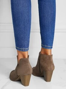 Elegant Black Booties For Women, Faux Suede Zipper Side Chunky Heeled Boots - Brown - View 4