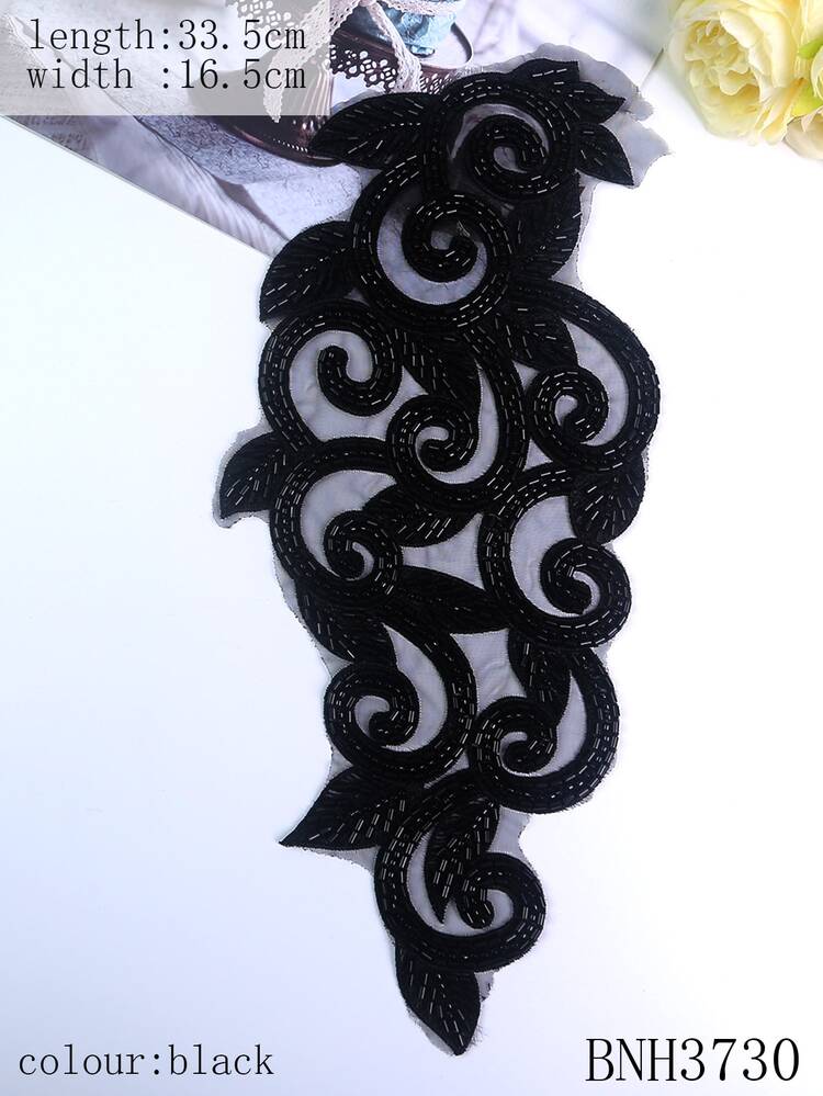 彩色3D刺繡貼花帶珠子適合婚禮洋裝,蕾絲麵料DIY服飾點綴,(長度::165cm) - 黑色 - 查看 2
