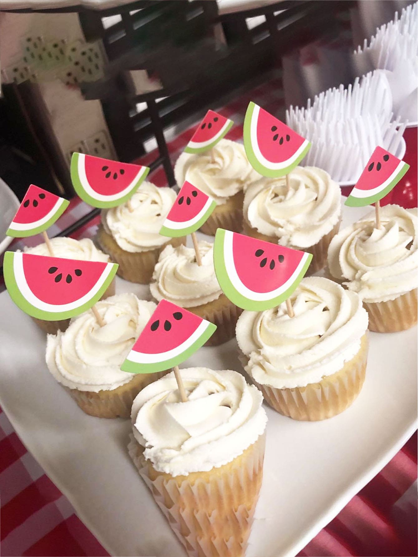 6 piezas/paquete Primeros de la torta playa de verano fruta sandía para de fiesta de cumpleaños , papel magdalena - Rosado Sandía - Ver 1