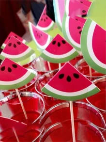 6 piezas/paquete Primeros de la torta playa de verano fruta sandía para de fiesta de cumpleaños , papel magdalena - Rosado Sandía - Ver 2