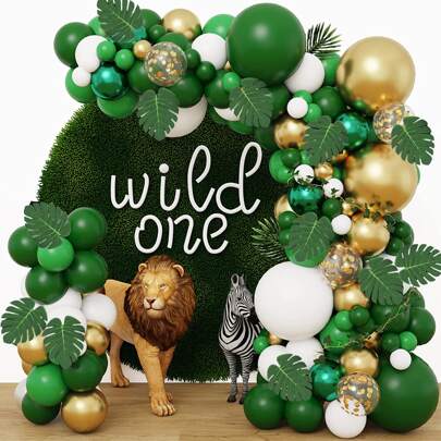 10/50/83/172pcs Jungle Party Balloon Hoop Arch Kit, Vintage Green & Gold Balloons Arch, Tropical Theme Party Decor, Artificial Palm Leaves For Outdoor Birthday Shower