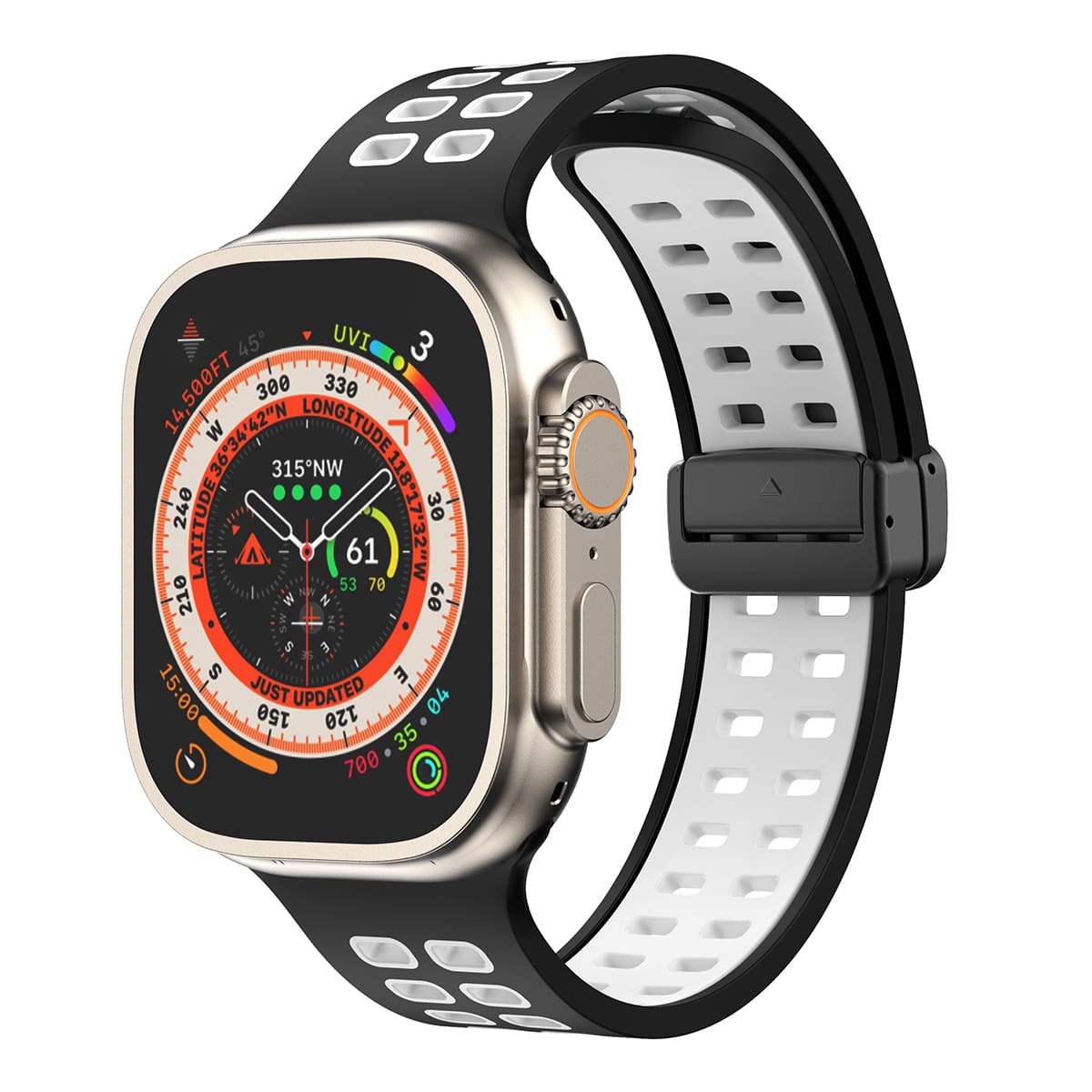1 件双色透气磁性折叠表扣，兼容 Apple Watch 硅胶表带 - 黑色 - 查看 1