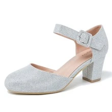 Women's Ankle Strap Pumps Closed Round Toe Buckle Low Chunky Block Heel D'Orsay Sandals Comfortable Dress Wedding Party Office Shoes - 銀色 - 查看 1