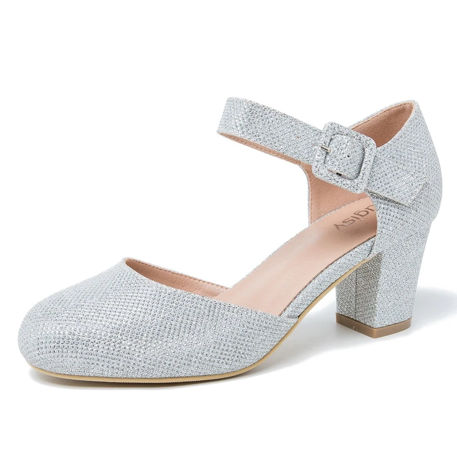 Women's Ankle Strap Pumps Closed Round Toe Buckle Low Chunky Block Heel D'Orsay Sandals Comfortable Dress Wedding Party Office Shoes - 銀色 - 查看 1