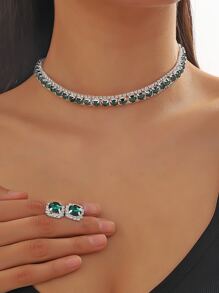 1pc Ladies' Green Full Rhinestone Pendant Necklace With Matching Green Full Rhinestone Stud Earrings, 1pc Formal Dress Accessory Set - Green - View 2