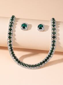 1pc Ladies' Green Full Rhinestone Pendant Necklace With Matching Green Full Rhinestone Stud Earrings, 1pc Formal Dress Accessory Set - Green - View 3