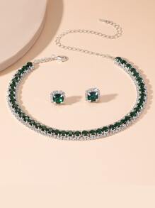 1pc Ladies' Green Full Rhinestone Pendant Necklace With Matching Green Full Rhinestone Stud Earrings, 1pc Formal Dress Accessory Set - Green - View 1