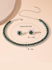 1pc Ladies' Green Full Rhinestone Pendant Necklace With Matching Green Full Rhinestone Stud Earrings, 1pc Formal Dress Accessory Set - Green - View 4