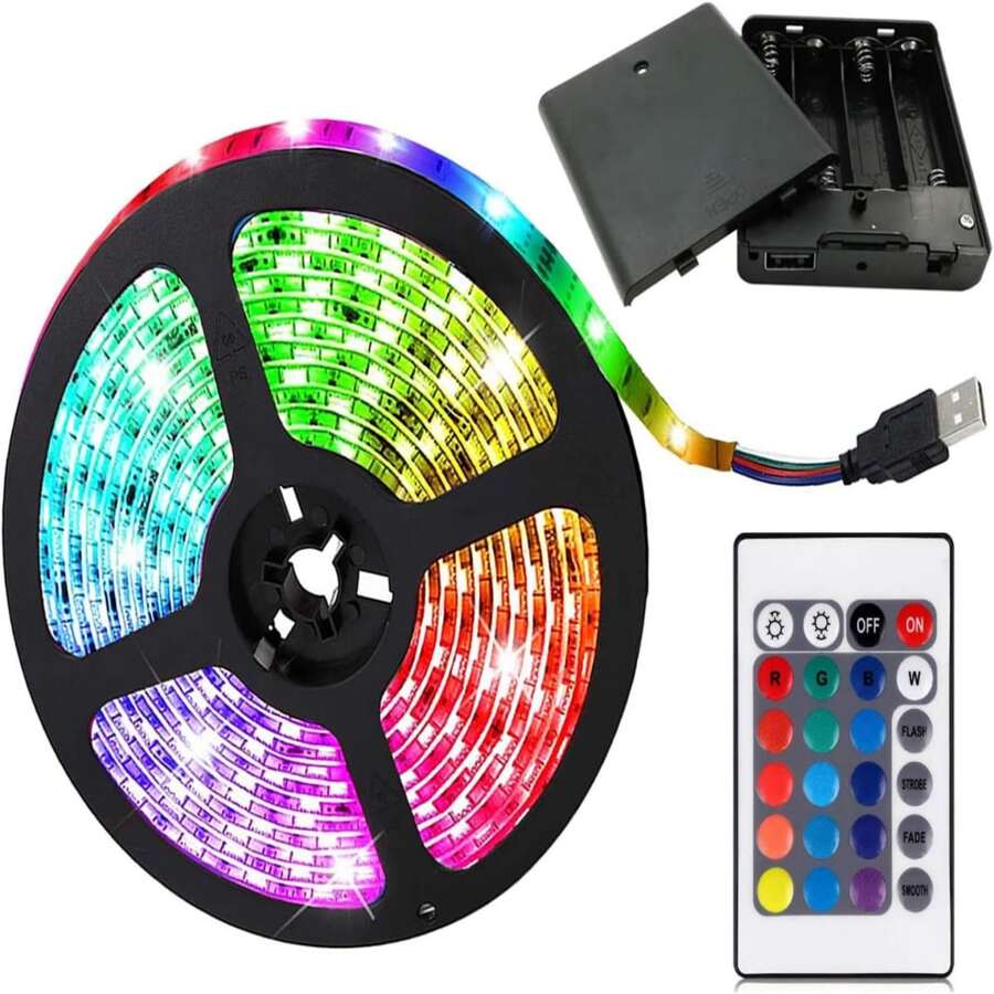 Tira de luces LED alimentadas por pilas, 5050 2 m, tira de luz LED RGB flexible que cambia de color, 60 LED 5 V alimentada por batería con controlador - Multicolor - Ver 1