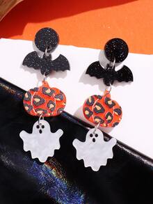 1對誇張南瓜和蝙蝠形狀亞克力懸垂耳環適合女士 - 彩色 - 查看 6
