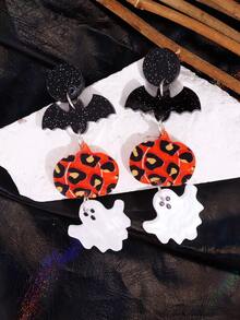 1對誇張南瓜和蝙蝠形狀亞克力懸垂耳環適合女士 - 彩色 - 查看 7