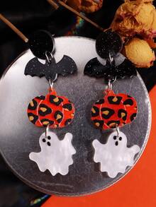 1對誇張南瓜和蝙蝠形狀亞克力懸垂耳環適合女士 - 彩色 - 查看 8