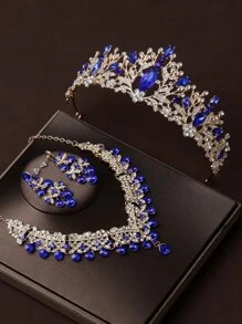 女性4入組藍色皇冠造型項鍊和耳環套裝，迷人的婚禮和派對配件組合 - 藍色 - 查看 1