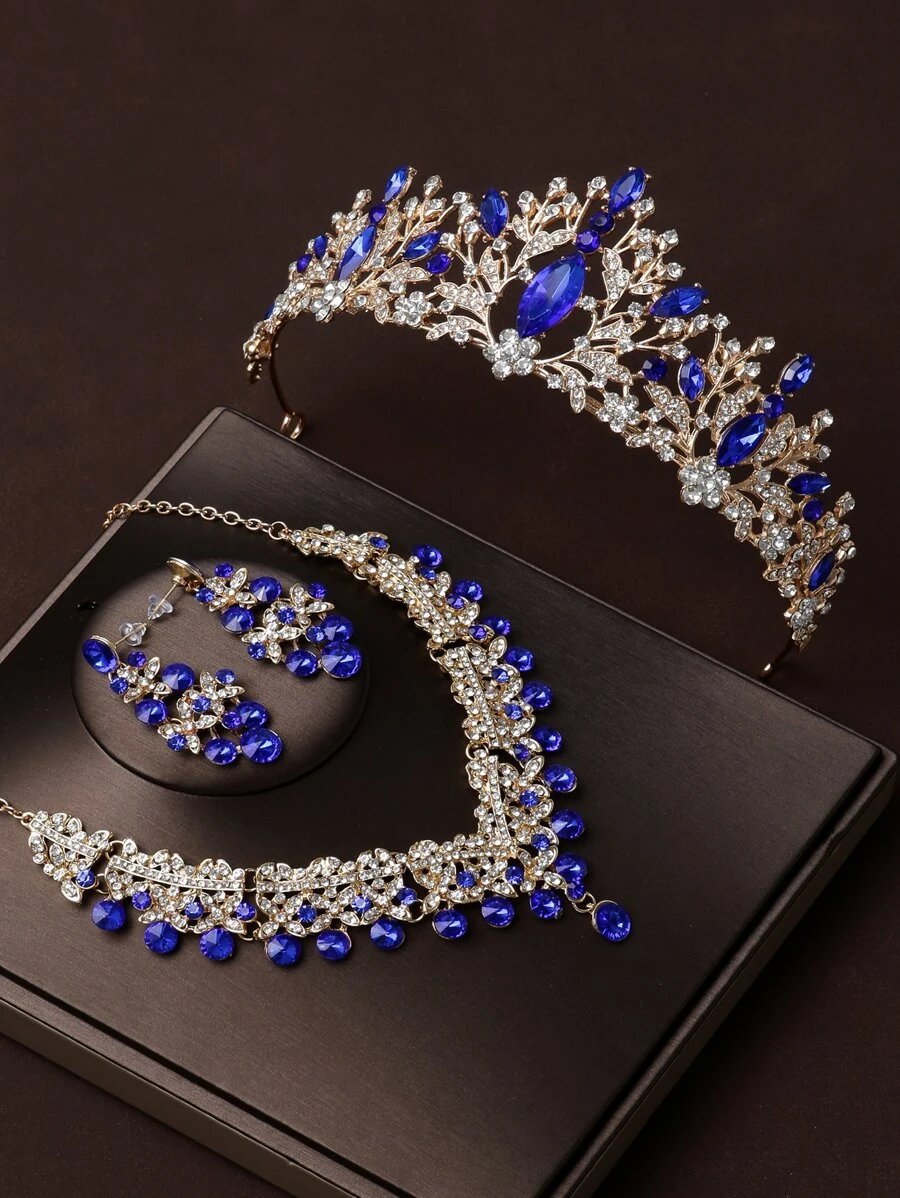 女性4入組藍色皇冠造型項鍊和耳環套裝，迷人的婚禮和派對配件組合 - 藍色 - 查看 1
