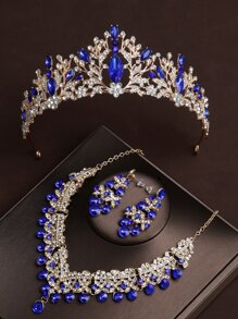 女性4入組藍色皇冠造型項鍊和耳環套裝，迷人的婚禮和派對配件組合 - 藍色 - 查看 2