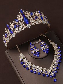 女性4入組藍色皇冠造型項鍊和耳環套裝，迷人的婚禮和派對配件組合 - 藍色 - 查看 3