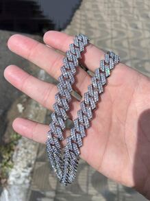 CVNANA 1 European And American Hiphop Fashion Hip-Hop Full Rhinestone 14mm Rhombus Chain Bracelet Men's Necklace People Exaggerated Domineering Chain Necklace Accessories
