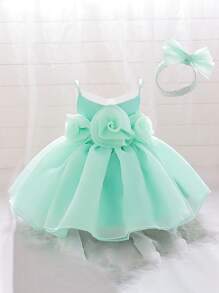 女婴优雅连衣裙，纯色3D立体花卉缎面网纱面料，适合外出、户外、生日派对等场合，附赠发带 - 綠色 - 查看 2