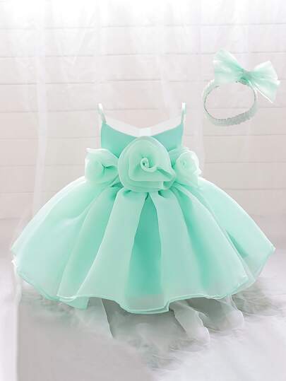 女婴优雅连衣裙，纯色3D立体花卉缎面网纱面料，适合外出、户外、生日派对等场合，附赠发带