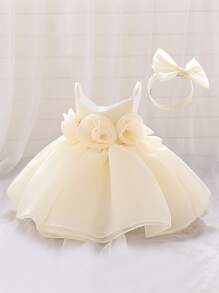 女婴优雅连衣裙，纯色3D立体花卉缎面网纱面料，适合外出、户外、生日派对等场合，附赠发带 - 香檳色 - 查看 3