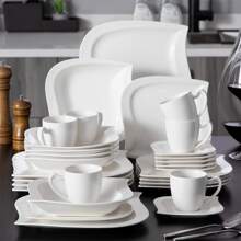 MALACASA Plates And Bowls Sets, Square Dinnerware Sets For 6 (30pcs), Porcelain Dish Set, White Dinnerware With Dinner Plates, Dessert Plates, Soup Bowls, Cups&Saucers, Ivory White, Series - Ivory White - View 1