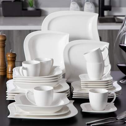 MALACASA Plates And Bowls Sets, Square Dinnerware Sets For 6 (30pcs), Porcelain Dish Set, White Dinnerware With Dinner Plates, Dessert Plates, Soup Bowls, Cups&Saucers, Ivory White, Series