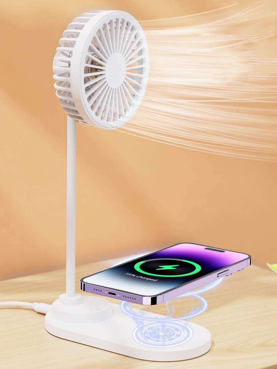 5W 4-In-1 Multifunctional Wireless Charger Fan, Suitable For QI Wireless Charging Enabled Phones And Earbuds, Compatible With IPhone 8/X/11/12/13/14/15/16 Series Phones And Earbuds - White - View 1