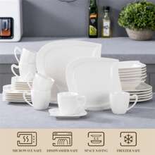 MALACASA Plates And Bowls Sets, Square Dinnerware Sets For 6 (30pcs), Porcelain Dish Set, White Dinnerware With Dinner Plates, Dessert Plates, Soup Bowls, Cups&Saucers, Ivory White, Series - Ivory White - View 2