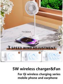 5W 4-In-1 Multifunctional Wireless Charger Fan, Suitable For QI Wireless Charging Enabled Phones And Earbuds, Compatible With IPhone 8/X/11/12/13/14/15/16 Series Phones And Earbuds - White - View 5