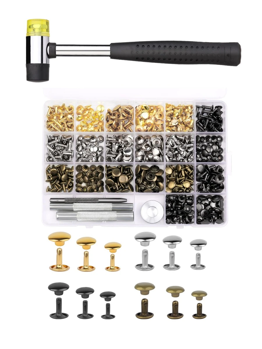 240 Sets Leather Rivets With 3 Sizes Double Head Tubular Rivets And Rubber Hammer Fixing Tool Kit In 4 Colors For Diy Leather Crafts Clothing Shoes Decoration And Repairing, 4pcs/pack