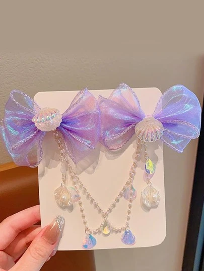 1入組女孩人造珍珠和網紗蝴蝶結裝飾鐳射貝殼吊墜髮夾鏈夾