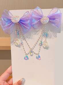 1入組女孩人造珍珠和網紗蝴蝶結裝飾鐳射貝殼吊墜髮夾鏈夾