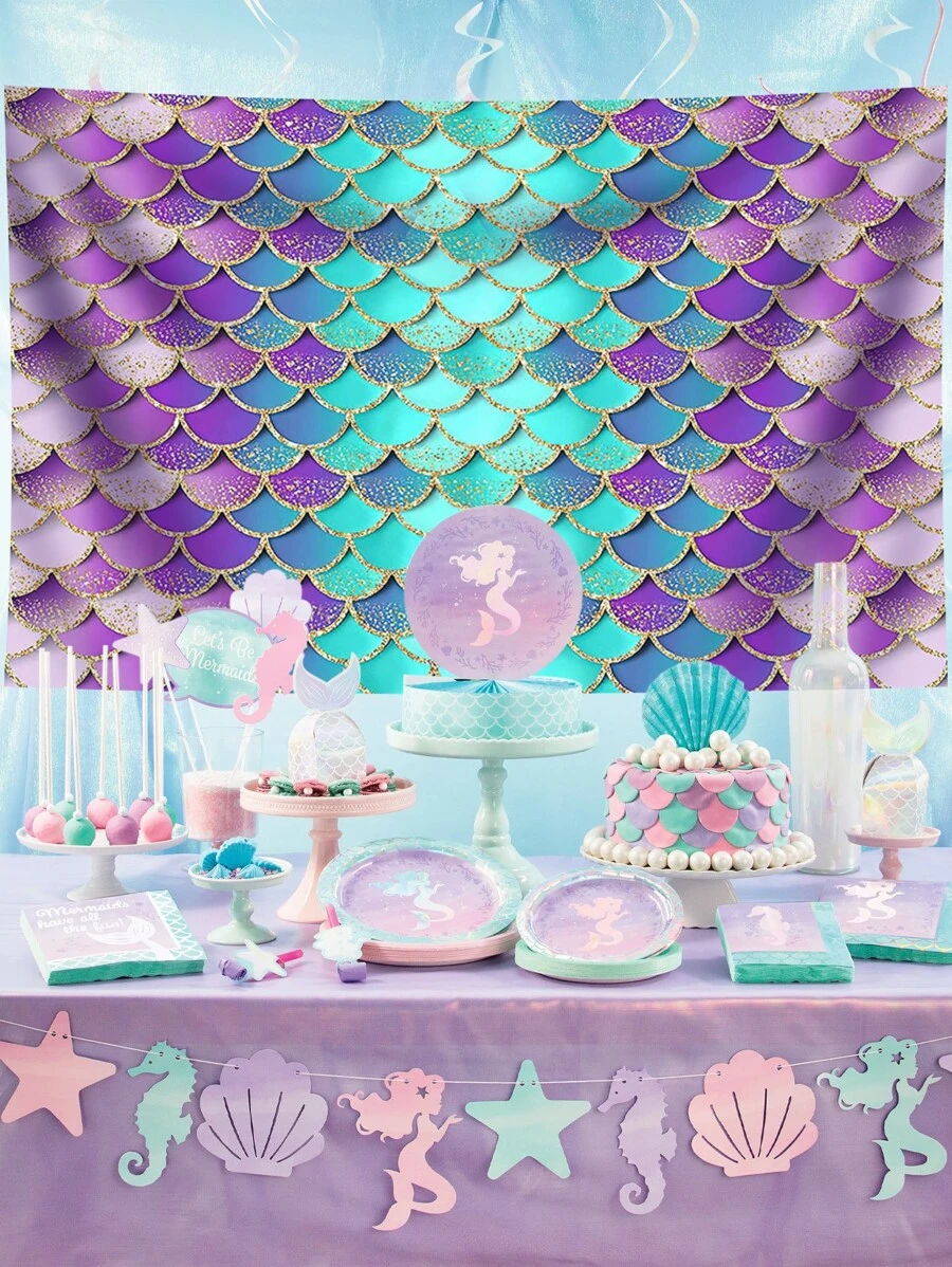 1pc Mermaid-themed Party Photo Backdrop Banner, Purple-blue Gradient Background Cloth - Multicolor - View 1