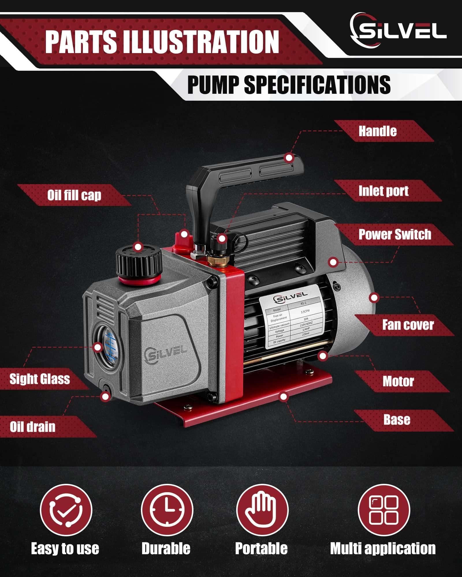 SILVEL 1/4HP HVAC Vacuum Pump, 3.5CFM Single Stage AC Vacuum Pump and