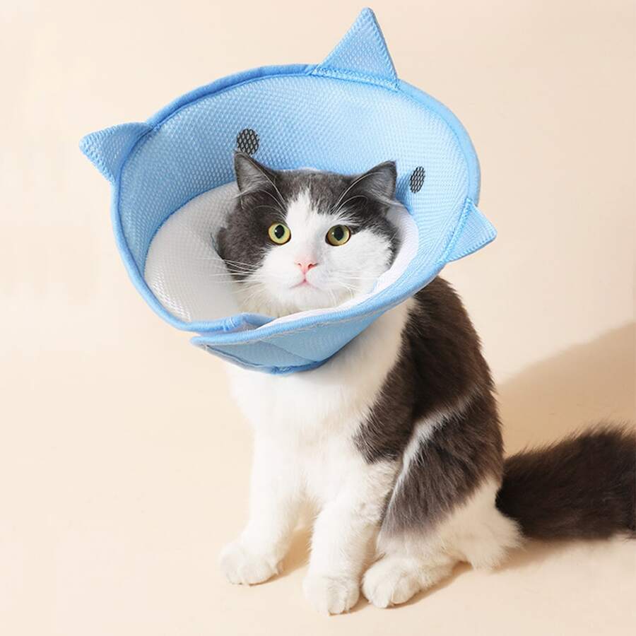 1入組藍鯊風格寵物術后防舔防咬頭套和軟項圈，用於貓狗保護 - 藍色 - 查看 1