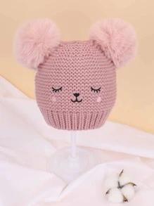 1 件装婴儿冬帽保暖幼儿无檐小帽可爱绒球帽针织婴儿无檐小帽婴儿雪帽适合女婴 - 粉色 - 查看 4