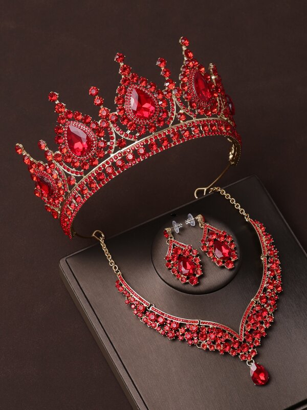 Conjunto nupcial de cuatro piezas con collar y aretes con corona roja, perfecto para fiestas de bodas, tiaras de Halloween