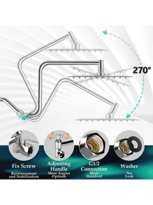 1pc 12 Inch Z-shaped Extension Arm, Metal Height/angle Adjustable Curved Shower Head Extender Arm, 1/2 Universal Connection, Flexible Up Or Down, Chrome Plated - Silver - View 2