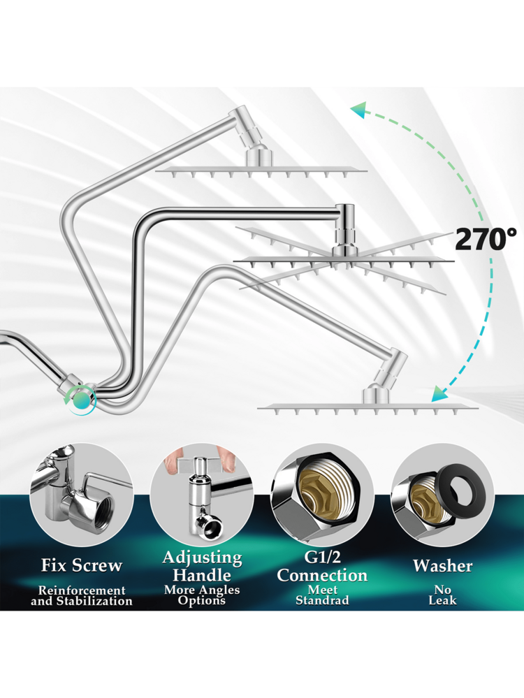 1入組12英寸Z形延伸手臂,金屬可調節曲綫淋浴噴頭延長器手臂,1/2通用聯繫,靈活或者向下,鍍鉻 - 銀色 - 查看 2