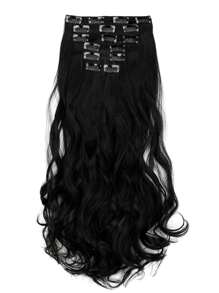 女士髮片18英寸大波浪長捲曲合成啞光高溫纖維7片織夾式髮片延長,7入組夾式卷曲髮延長片,適用於金髮和黑髮,合成髮假髮,18英寸夾式髮片延長。 - 黑色 - 查看 4