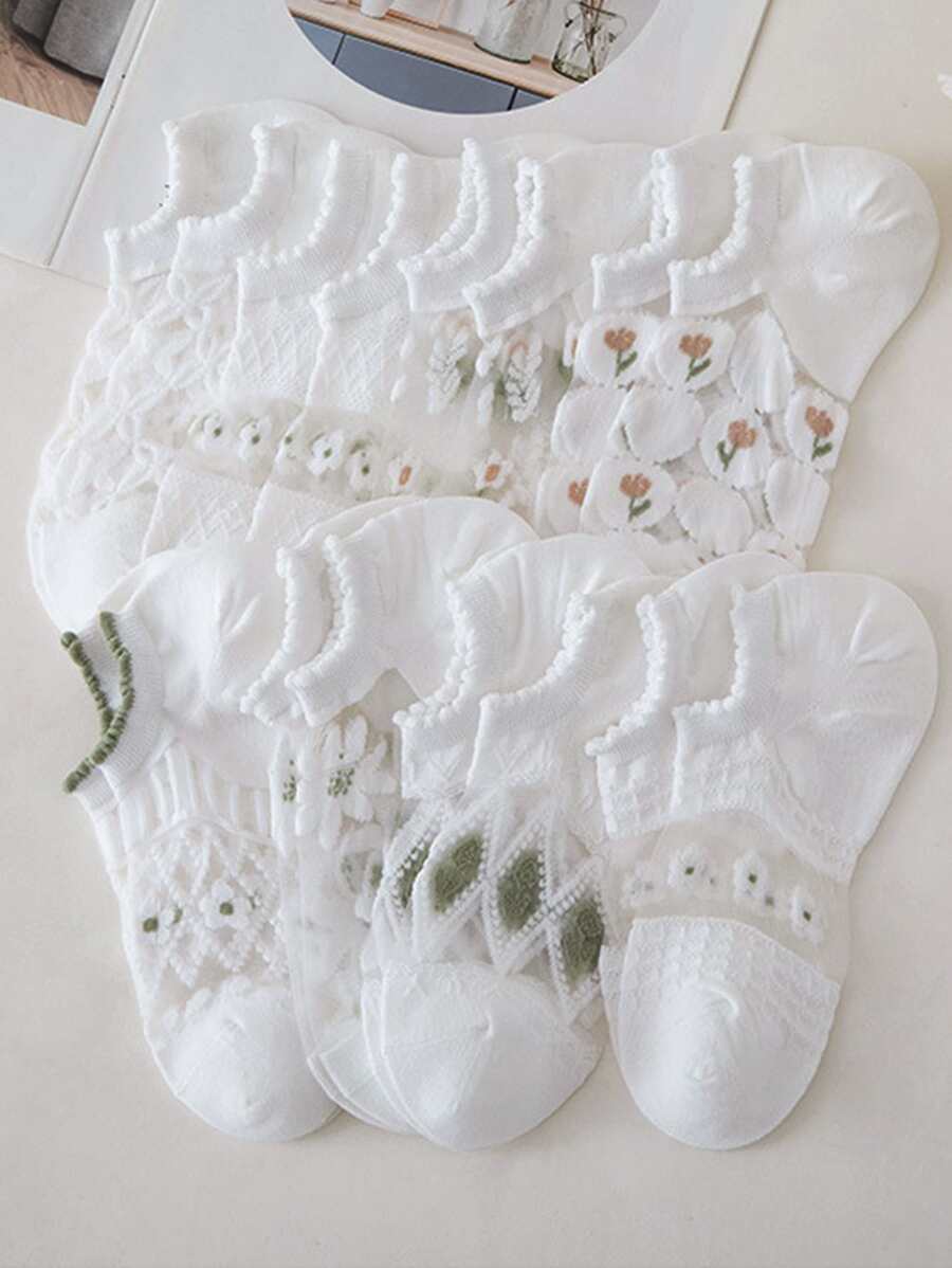 8雙女士花朵圖案透氣休閒短襪 - 彩色 - 查看 1