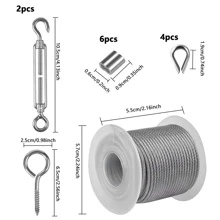15 m Wire Rope Thick 2 mm Washing Line Outdoor with Turnbuckles Rope Tensioner Eyelet Hook Lights Hanging Kit Thimble Clamps Wire Rope Clamp - Silver - View 2
