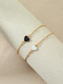 Bộ 2 chiếc/Bộ Vòng tay tình bạn hình trái tim đen trắng dành cho phụ nữ Ngày lễ tình nhân, Mẹ, Mẹ, Ngày của Mẹ, Quà tặng - Đen và trắng - Xem 1