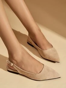 女士尖頭露跟平底鞋,優雅戶外杏仿麂皮平底鞋