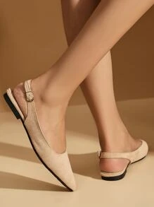 女士尖頭露跟平底鞋,優雅戶外杏仿麂皮平底鞋