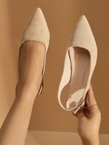 女士尖頭露跟平底鞋,優雅戶外杏仿麂皮平底鞋