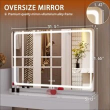 Hasipu 32" X 22" Vanity Mirror With Lights, Round Black LED Makeup Mirror, Lighted Makeup Mirror With Dimmable 3 Lighting Modes, Touch Screen Control Vanity Mirror For Living Room,Home Home Bathroom Decor Summer Makeup Organizer Bathroom Accessories Back To School - White - View 6