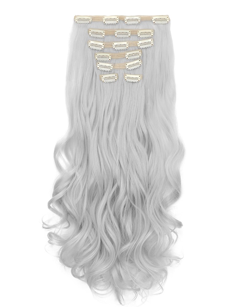 Women's Wig 18 Inch Big Wavy Curly Synthetic Fiber Matte High Temperature Clip In Hair Extensions, 7pcs/Set - Silver - View 3