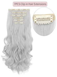 Peluca De Mujer De 18 Pulgadas, Extensiones De Cabello Ondulado Grande Y Rizado De Fibra Sintética Mate Resistente A Altas Temperaturas, 7 Piezas / Set - Plateado - Ver 2