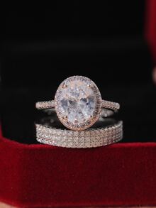 1 对情侣钻石装饰戒指，可调节开口戒指，适合订婚/结婚 - 銀色 - 查看 2